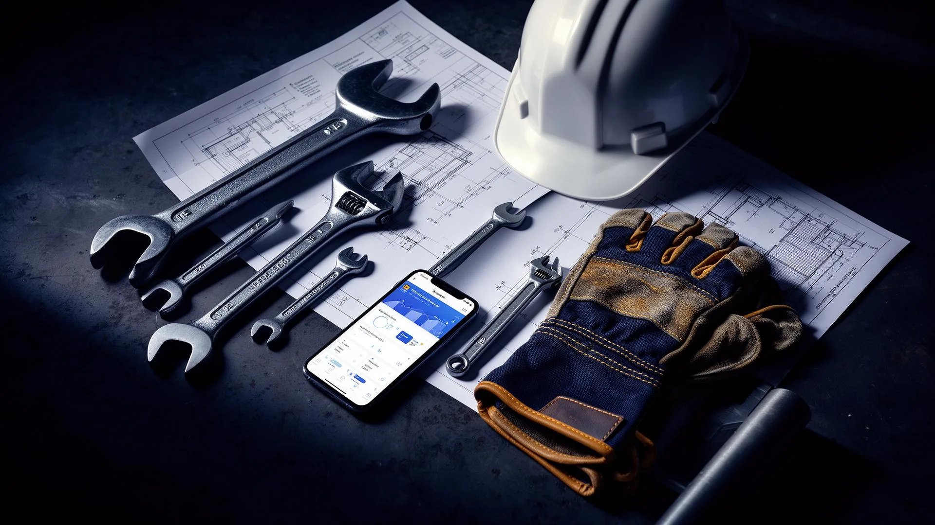 Industrial flat lay with tools and analytics dashboard